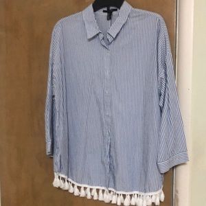 Striped 3/4 blouse with white fringe